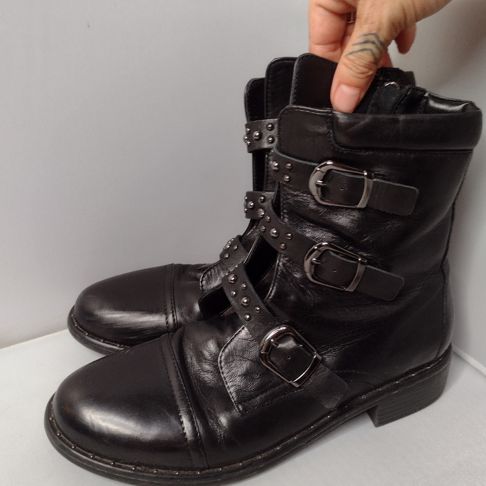 Regarde Le Ciel Soft Leather Moto Ankle Boots 38 Black Silver Studded B1